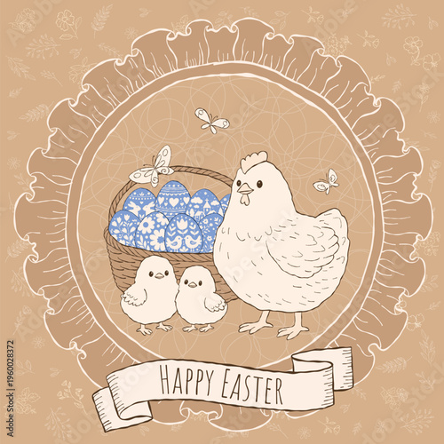 A charming vintage-style Easter illustration featuring a hen with two cute chicks standing beside a basket filled with beautifully decorated eggs for greeting cards, invitations, seasonal prints