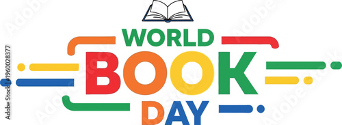Colorful world book day logo with text and lines