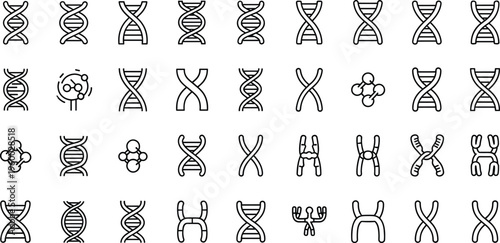DNA and chromosome line icons vector set featuring genetic structures helix strands molecular symbols and biology elements in minimal outline design
