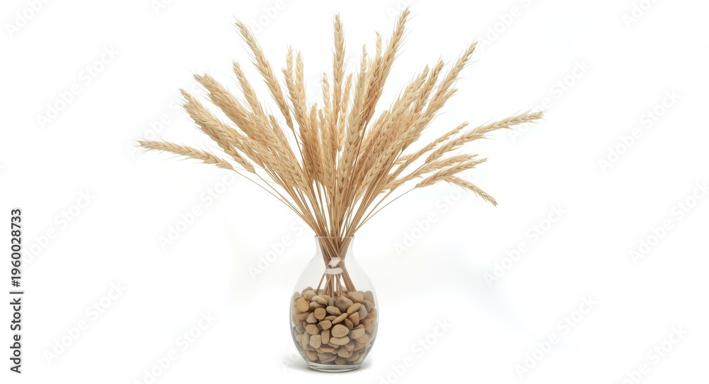 Fototapeta premium Simple dried ears and sheaf arrangement in a pebble filled vase isolated on copy space