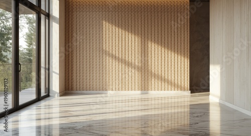 Natural light brightens modern interior space with elegant marble floors and textured decorative walls