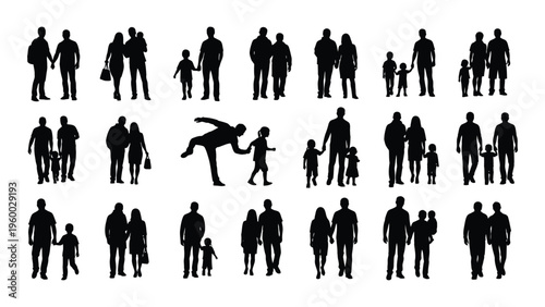 A collection of black silhouettes of people in various poses and groups