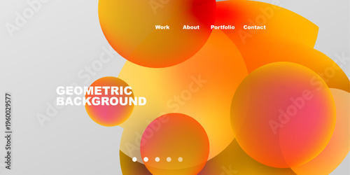 Abstract design features vibrant orange circles, gradients. Text includes work, about, portfolio, contact. Minimalist style, geometric background present.