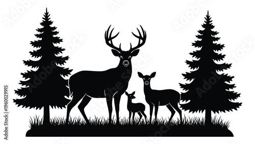 A buck and two does in a forest clearing