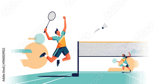 Dynamic illustration of two athletes playing badminton on a court, with one player jumping high to smash the shuttlecock over the net, depicting energetic sports action.