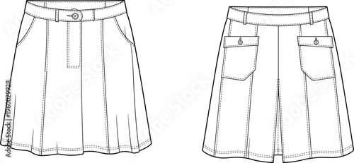 Flared skirt fashion sketch, front and back view, button waistband, flap pockets, seam detail, CAD drawing flat vector illustration