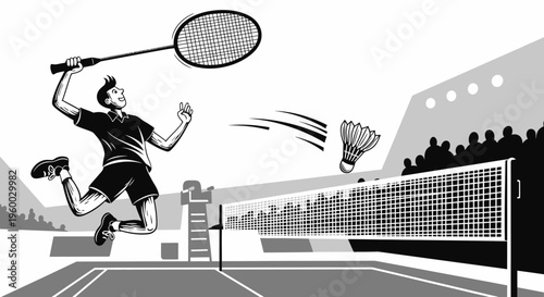 A dynamic black and white illustration of a male badminton player jumping high to smash a shuttlecock over the net during a competitive match in a stadium.