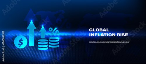 Global inflation rise concept with increasing price graph and economic indicator icon. Financial system showing rising costs, currency value decline and worldwide economic pressure.