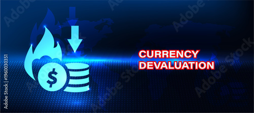 Currency devaluation concept with declining value graph and financial indicator icon. Economic system showing currency depreciation, reduced purchasing power and market instability.