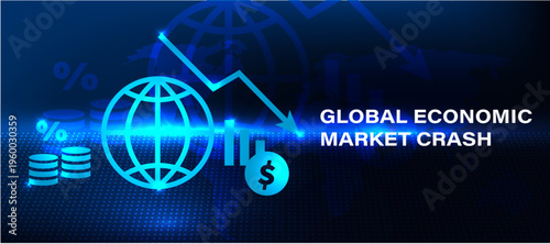 financial decline graph and crisis indicator icon. Worldwide economy breakdown showing market failure, massive losses and financial instability.