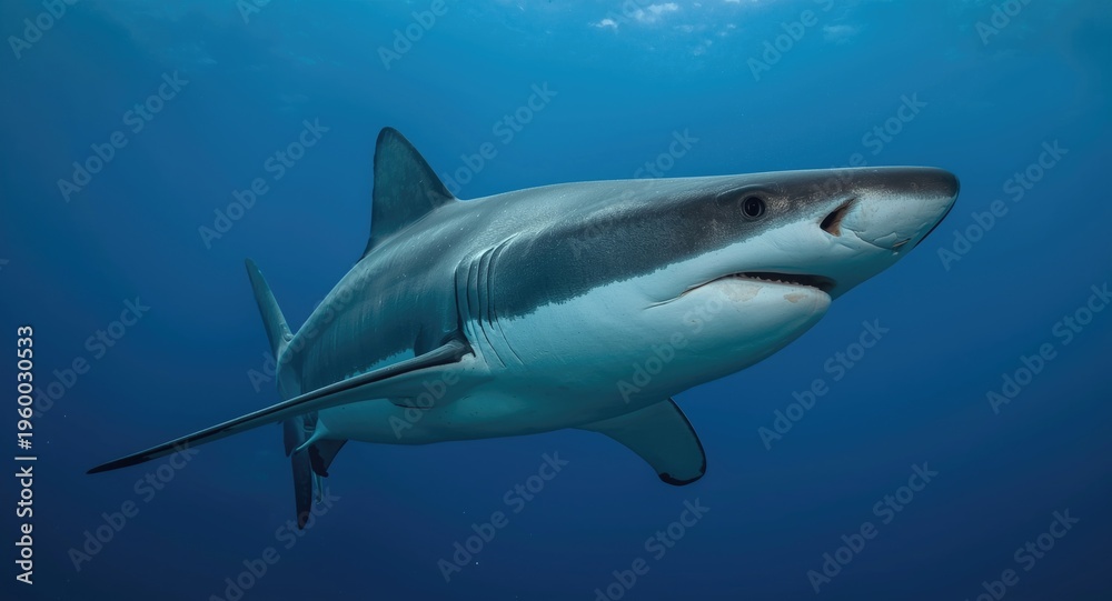 Obraz premium Side view portrait of a blue shark emphasizing detailed biological patterning in aquatic habitat