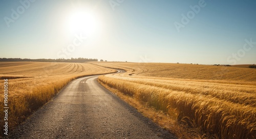 Relaxing unpaved road bending through expansive wheat plains under bright daylight