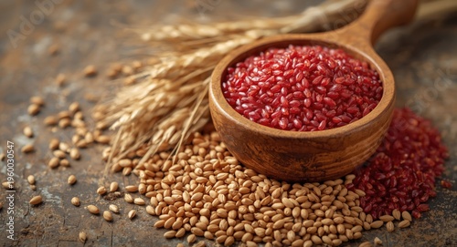 Macro close-up of red rice in a wooden bowl with grains and wheat on a rustic surface showcasing nutrition