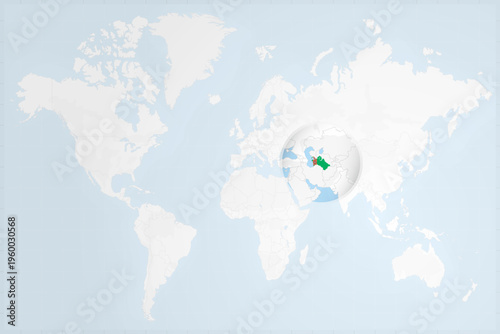 Turkmenistan Map with Flag in Magnifying Glass on World Map Background