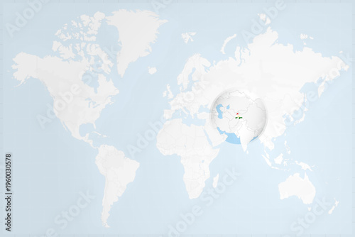 Tajikistan Map with Flag in Magnifying Glass on World Map Background
