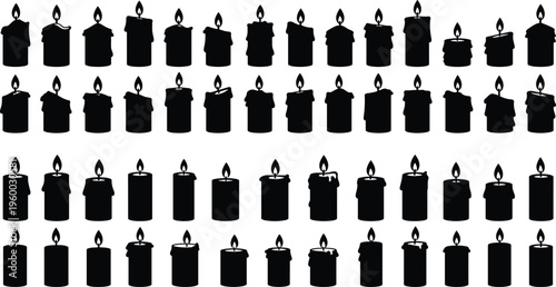 Flat vector illustration of assorted burning candles silhouette, various wax candles with flame, cozy and romantic decoration, spiritual light icons