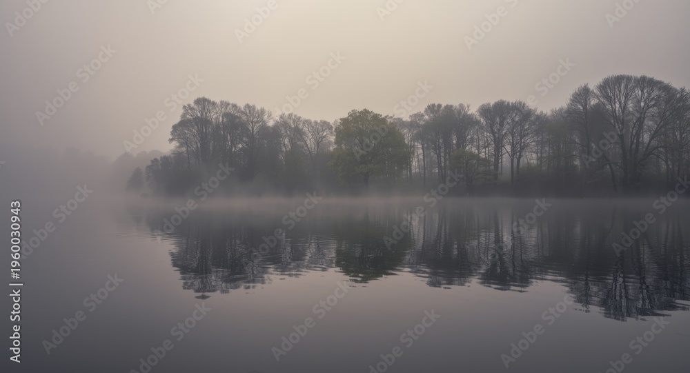 Fototapeta premium Rain-kissed reflective water panorama with ghostly tree silhouettes and mist