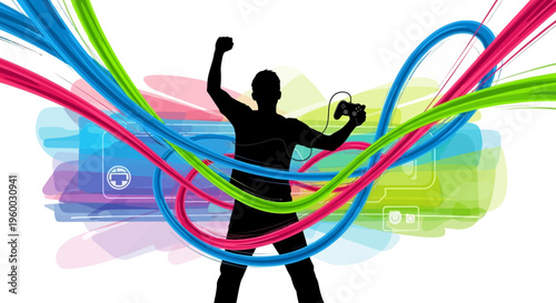 A silhouette of a person celebrating with a game controller amidst vibrant, abstract digital streams and gaming console outlines, representing the excitement of video games.