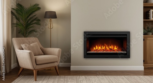 Snug and warm living room with a soft armchair and stylish electric fireplace