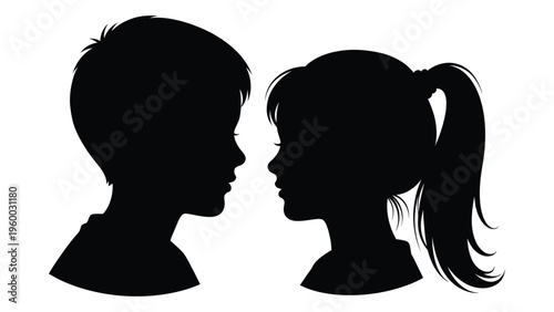 Black silhouettes of a boy and a girl facing each other