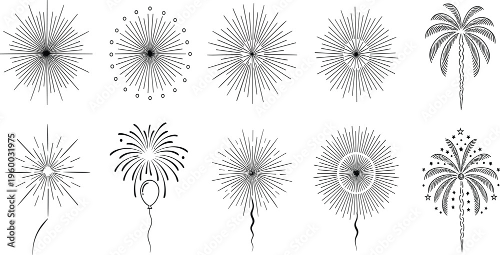 Obraz premium Fireworks Burst Vector Set in Black Featuring Star Explosion Shapes, Palm Style Fireworks, and Decorative Celebration Elements for Festive Events and Holiday Design Projects.