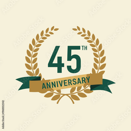 A 45th anniversary logo featuring a golden laurel wreath, a green banner, and the number 45 with 'TH' superscript.