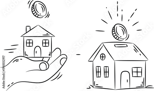 Real estate investment and home savings concept illustration with house hand drawn icon set