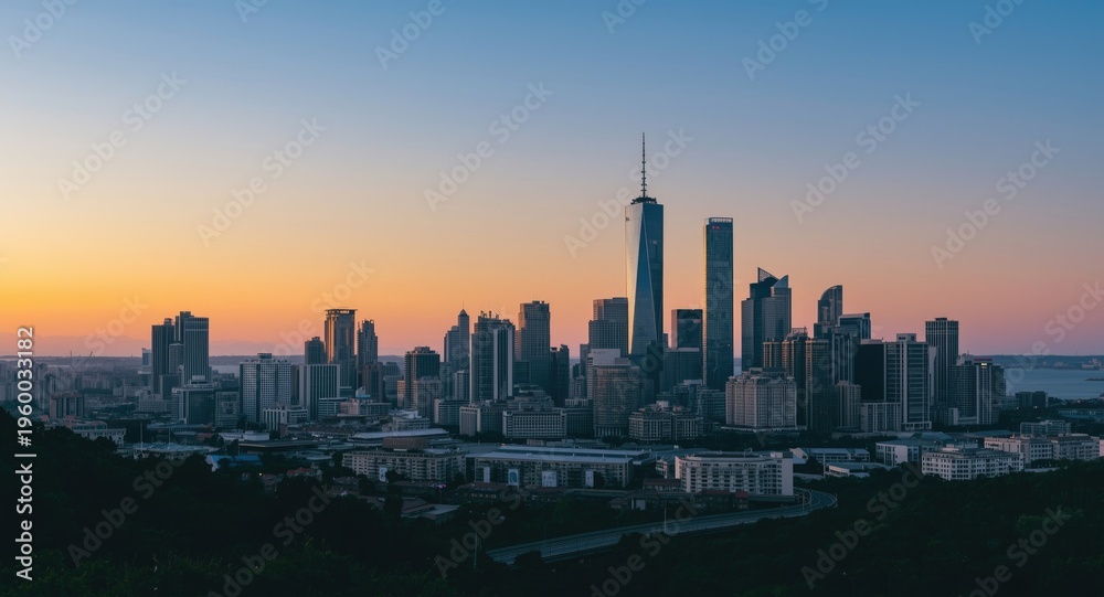 Obraz premium colorful city skyline featuring towering skyscrapers at sunset