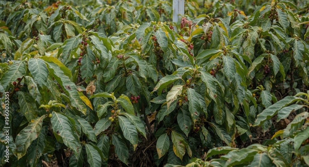 Obraz premium Garden full of green robusta coffee plants with rust disease spots