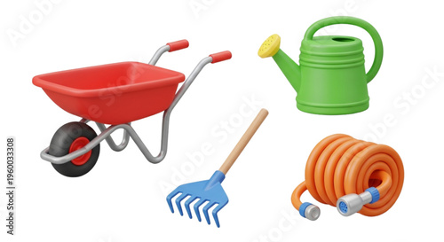 3D Cartoon Garden Tools Set with Wheelbarrow Rake and Watering Can