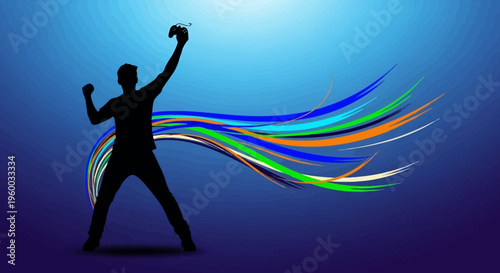 Silhouette of a victorious person holding a controller with colorful abstract lines on a blue background, symbolizing achievement and gaming success.