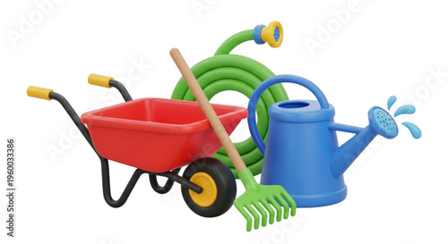 3D Cartoon Garden Tools Set with Wheelbarrow Rake and Watering Can