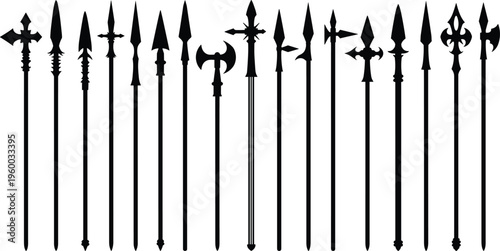 Flat vector illustration of diverse medieval spears and polearms, ancient weapons collection, battle gear silhouettes, historic combat tools