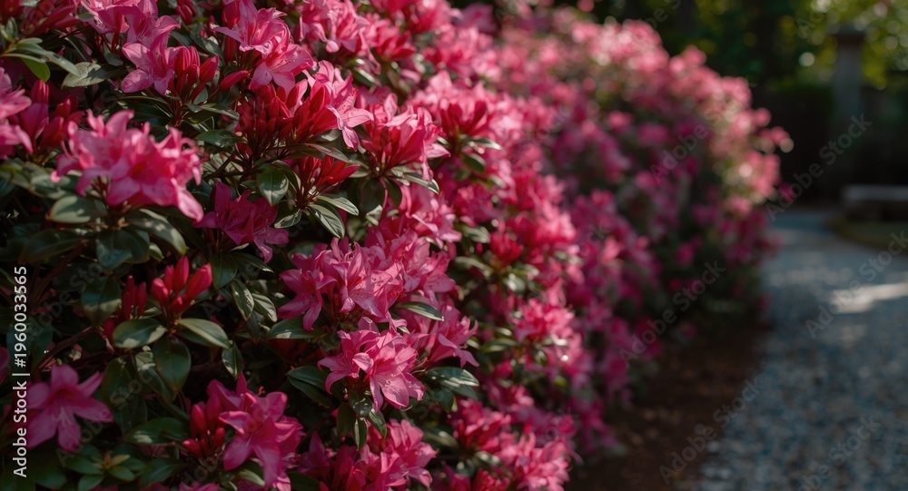 Obraz premium Pink azalea flowers flowering vibrantly along a garden trail