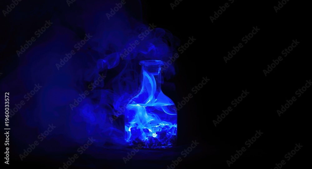 Fototapeta premium Mana replenishment potion glowing blue smoke inside bottle with witches brew and copy space
