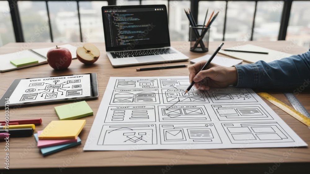 Obraz premium Adult coloring book in progress on a desk