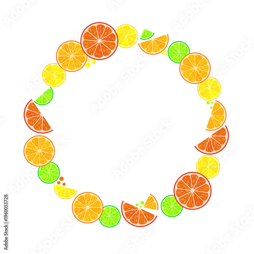 Vector round frame with citrus slices of orange, grapefruit, lemon and lime on white background