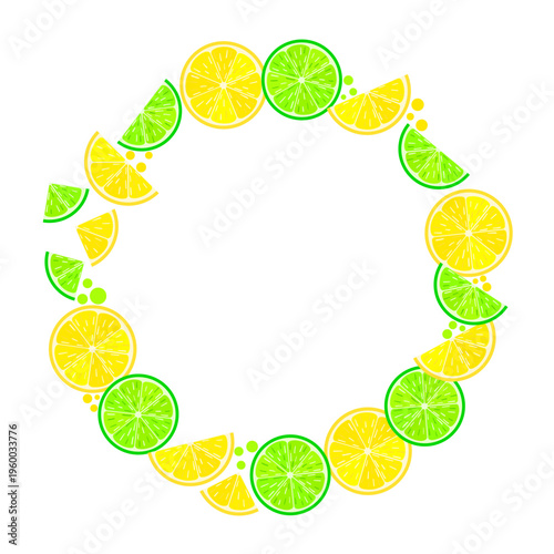 Vector round frame with lemon and lime slices on white background