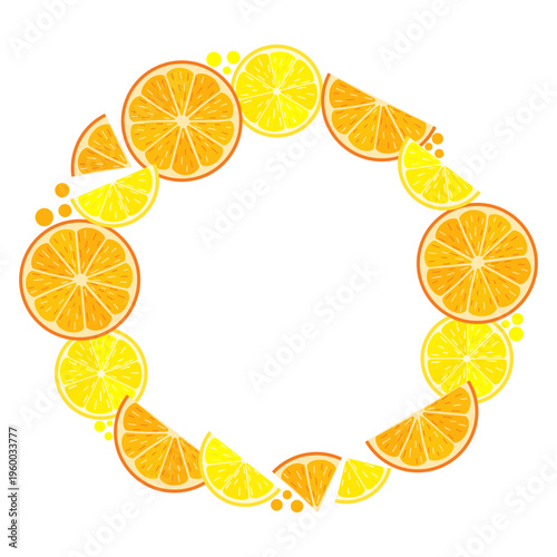 Vector round frame with orange and lemon slices on white background