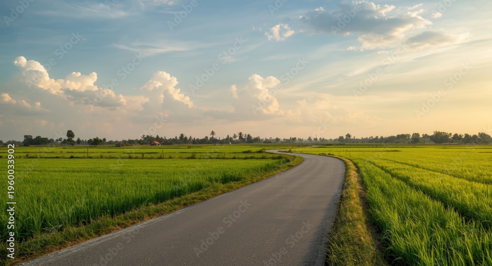 Fototapeta premium Rural scene with asphalt road bending through rich green rice fields beneath an engaging sky