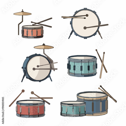 Flat drum instruments vector icon set with drumsticks EPS10 isolated on white