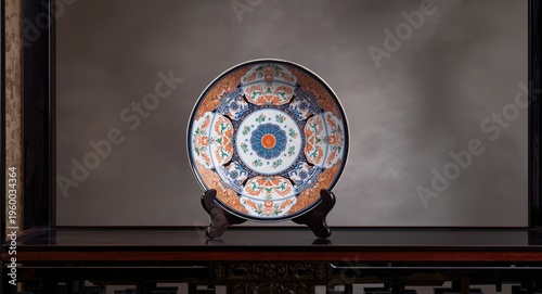 Decorative Imari ware plate on lacquer shelving unit with muted focus background for studio setting
