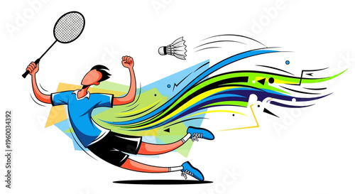 Dynamic illustration of a male badminton player in mid-air action, hitting a shuttlecock with a racket, surrounded by vibrant abstract speed lines.