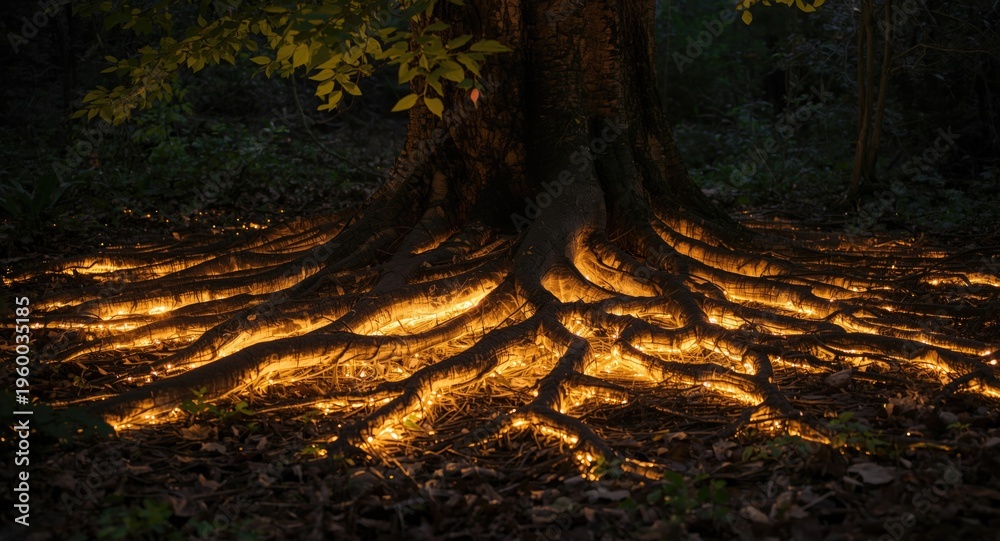 Obraz premium Ethereal nature setting with illuminated tree roots and sparkling golden light ambiance