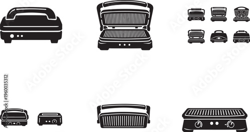 Black sandwich maker and grill icon set on white background. Kitchen appliance vector illustration.