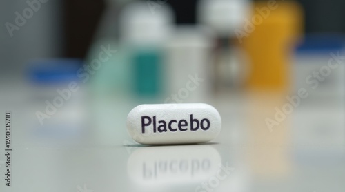 A placebo pill on a reflective surface in a laboratory setting. Concept for clinical trials, medical research, and pharmaceutical science 

