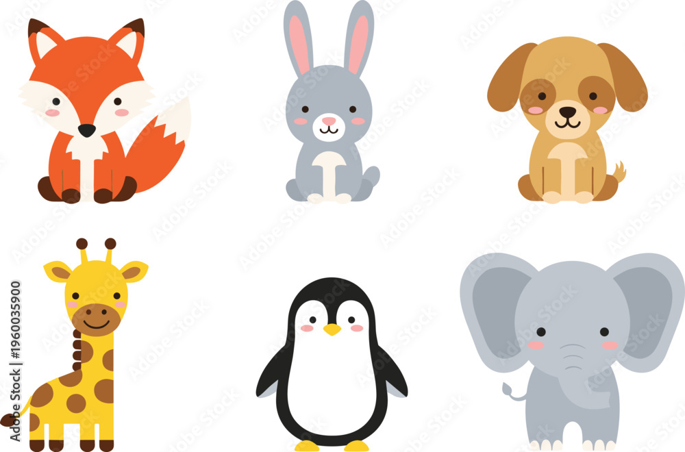 Fototapeta premium Cute Cartoon Animal Set Featuring Fox, Rabbit, Dog, Giraffe, Penguin, and Elephant Characters for Kids Nursery Design, Education, and Wildlife Illustration Projects.