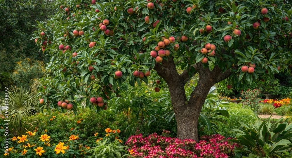 Fototapeta premium Fresh tropical garden with vivid flowers and a tall apple tree loaded with ripe fruits