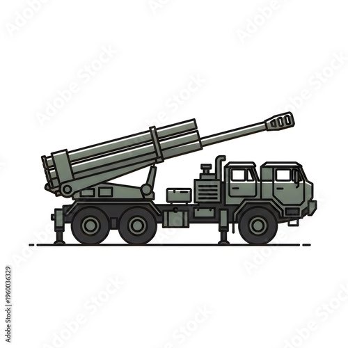 Military self-propelled artillery system with large caliber cannon mounted on a truck chassis