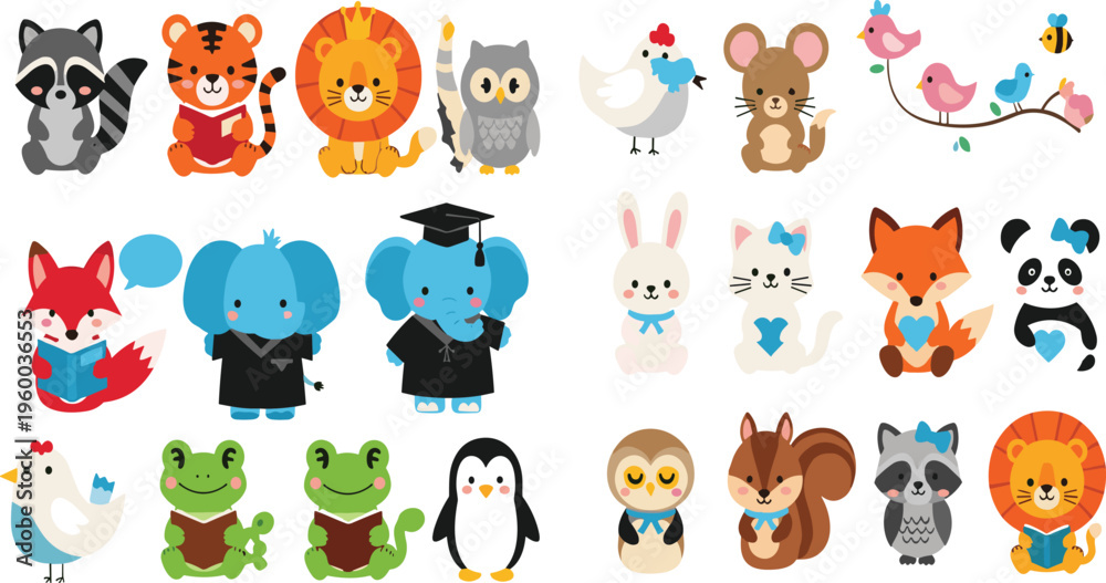 Obraz premium Cute Cartoon Animal Collection Featuring Fox, Elephant, Frog, Penguin, Owl, Rabbit, Cat, Panda and More Characters for Kids Education and Nursery Design Projects.